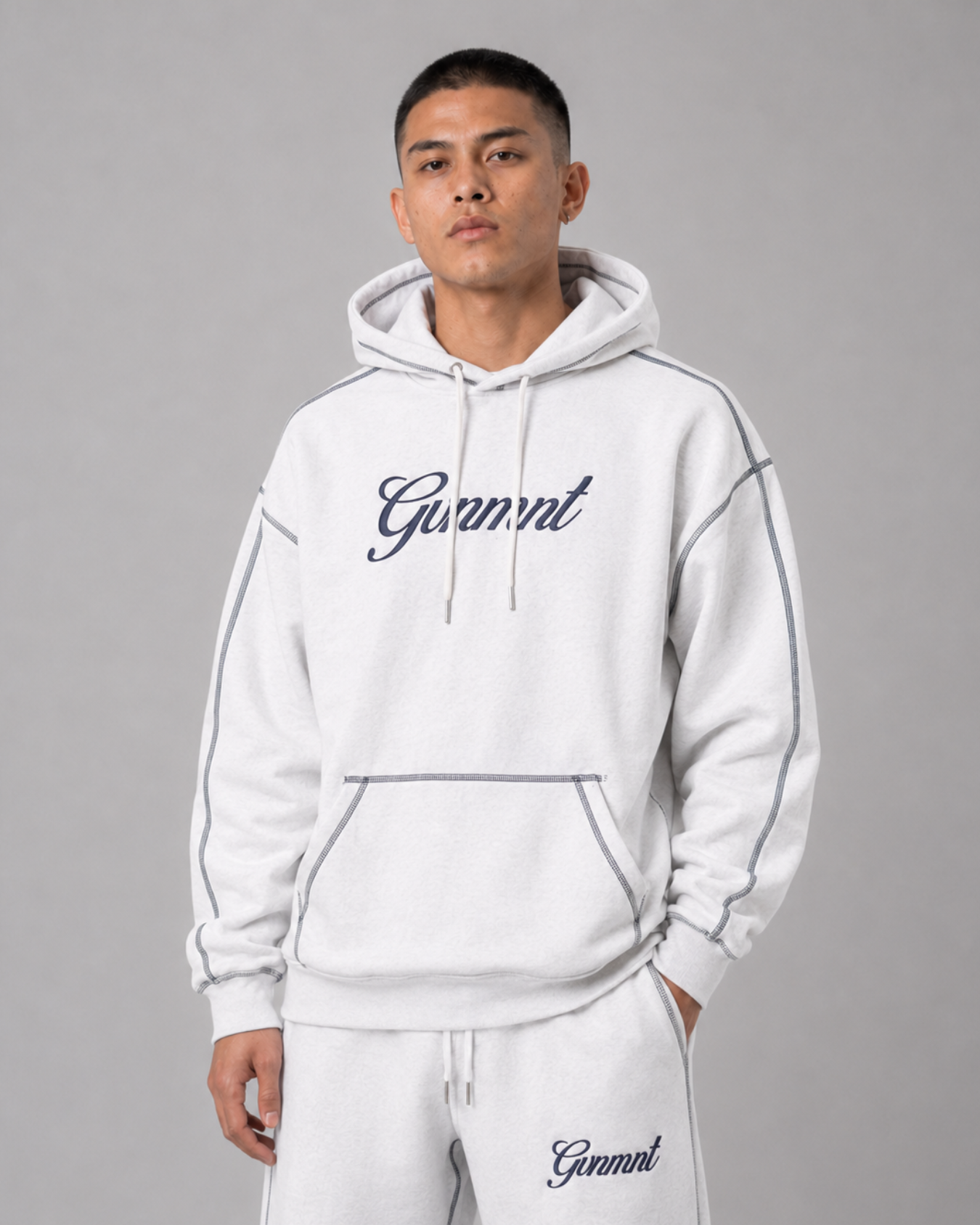 Scripted Embroidered Hoodie - Light Heather / Navy
