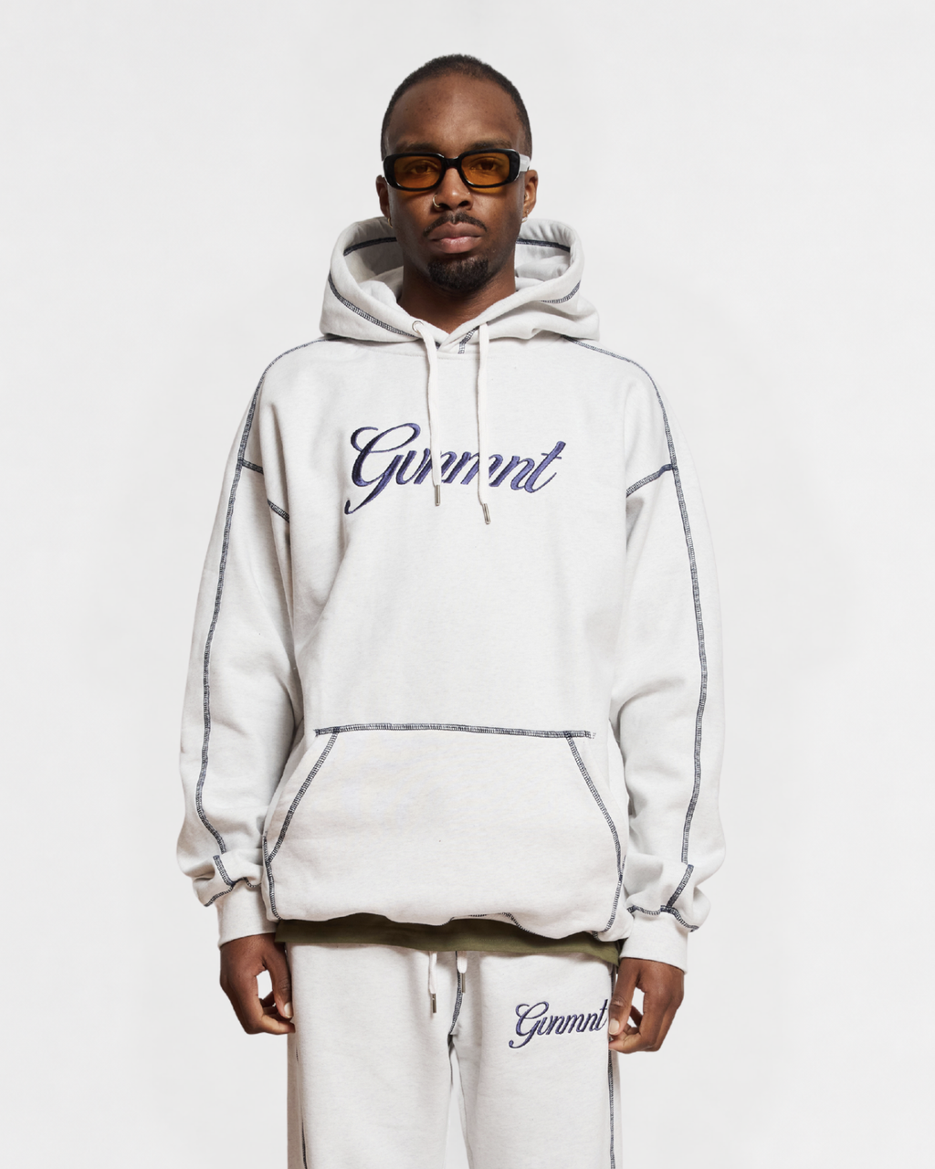 Scripted Embroidered Hoodie - Light Heather / Navy
