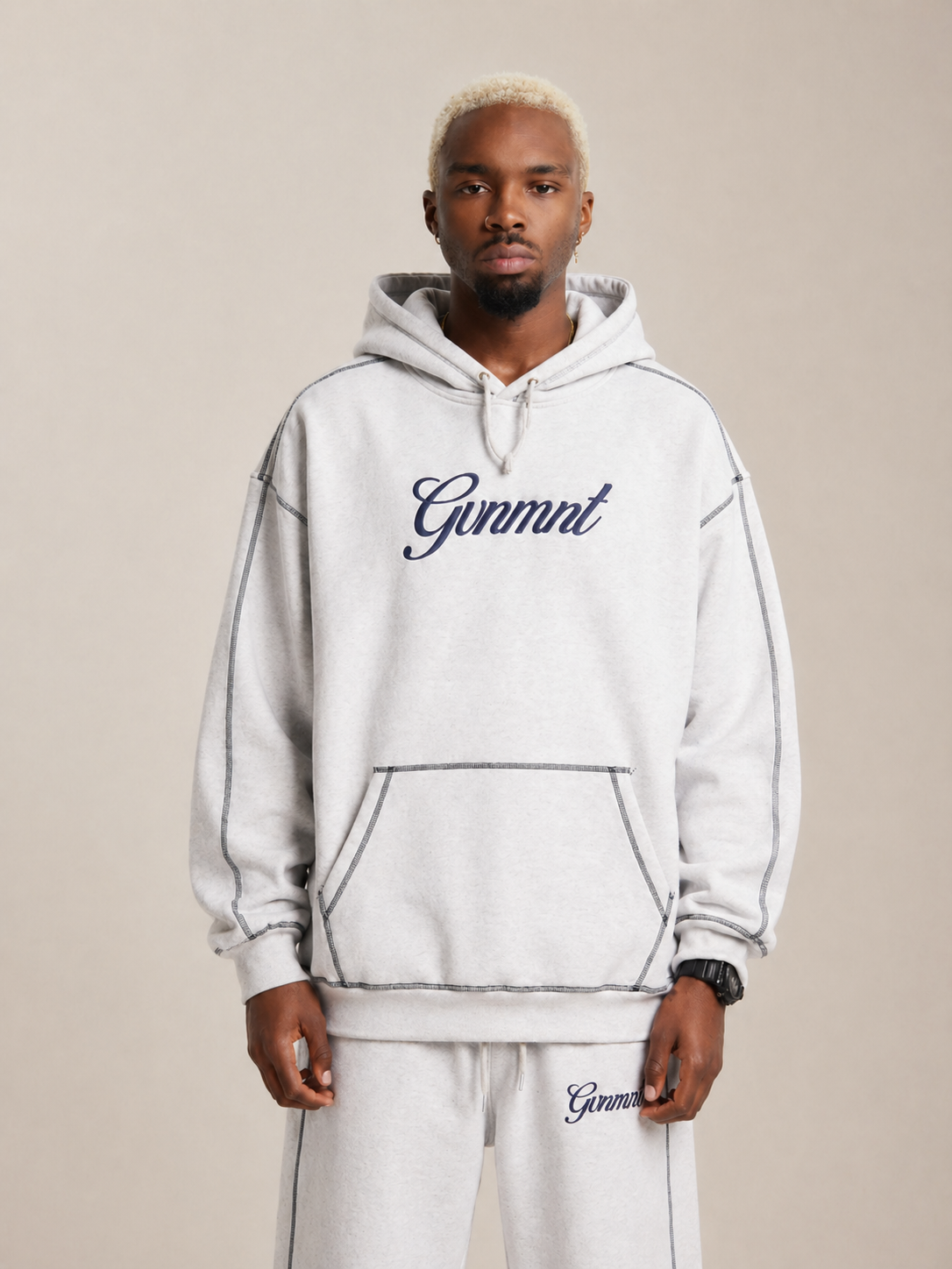 Scripted Embroidered Hoodie - Light Heather / Navy