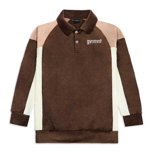 Velour Longsleeve Polo - Brown / Peach / Cream