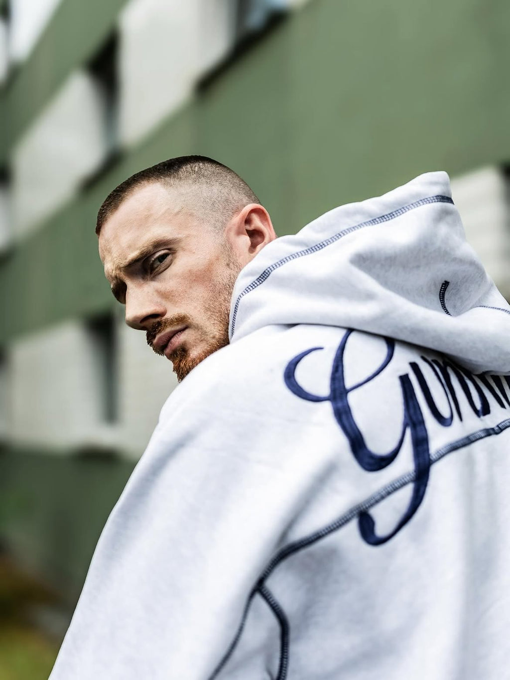 Scripted Embroidered Hoodie - Light Heather / Navy
